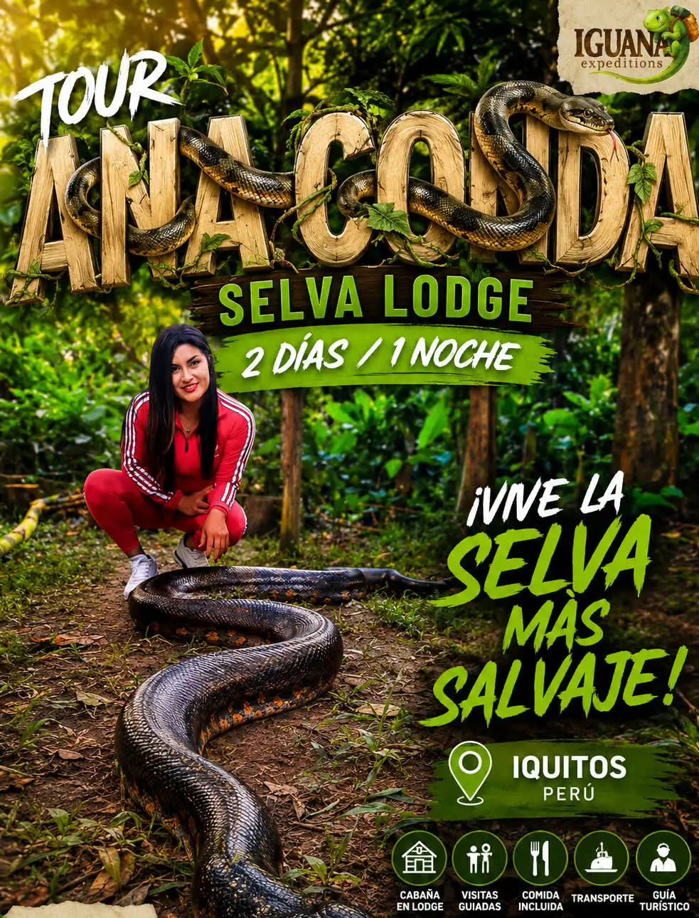 Afiche del Tour Anaconda: una anaconda enorme extendida en el suelo de la selva junto a una guía, con la duración de 2 días y 1 noche y las inclusiones del tour
