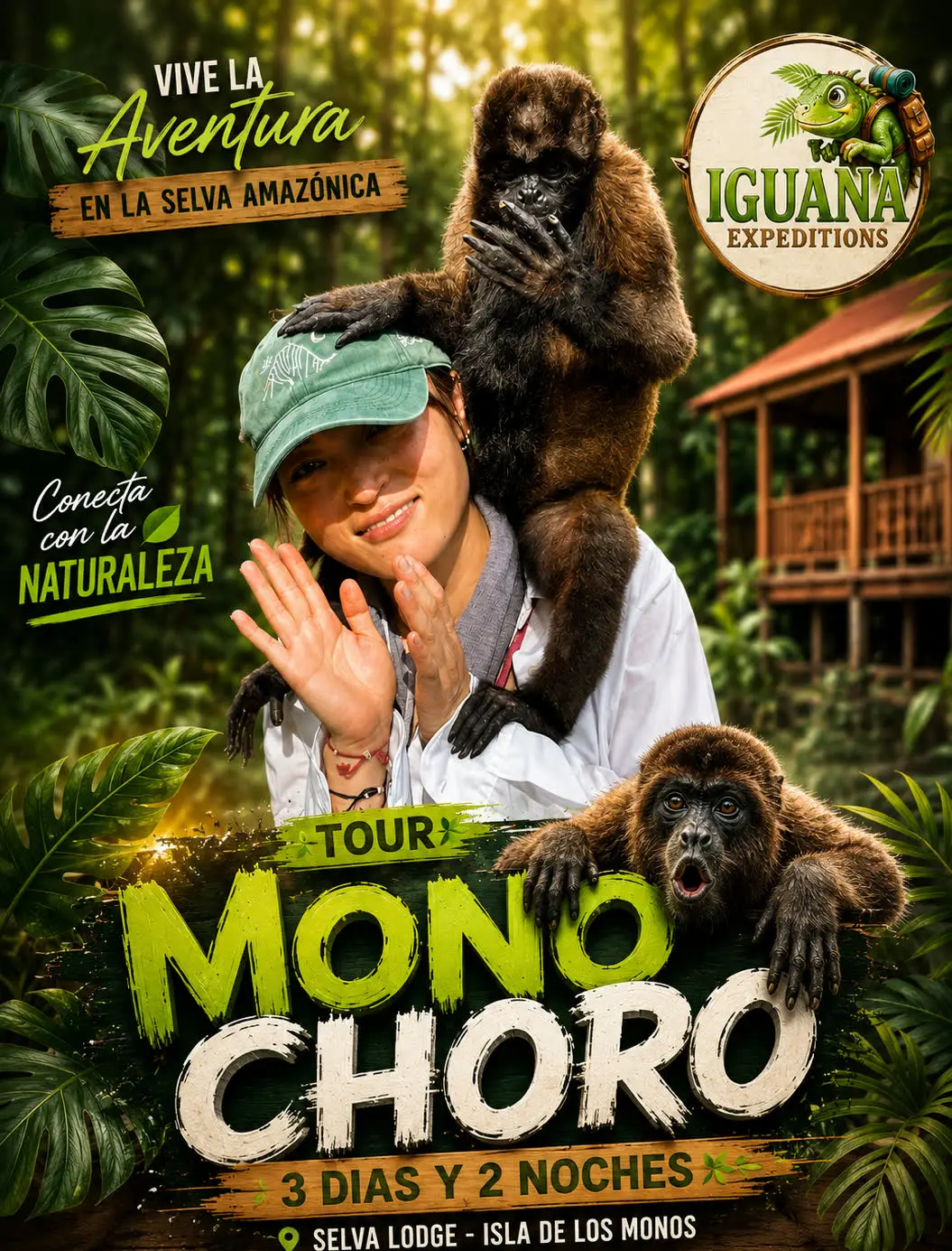 Afiche del Tour Mono Choro: una viajera con un mono choro sobre el hombro frente a una cabaña de madera en la selva, con la duración de 3 días y 2 noches y las inclusiones del tour